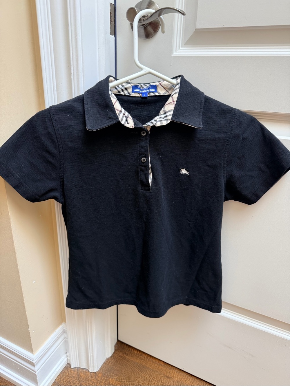BURBERRY London Blue Label Black Short Sleeve Polo Check Shirt Size XS Authentic